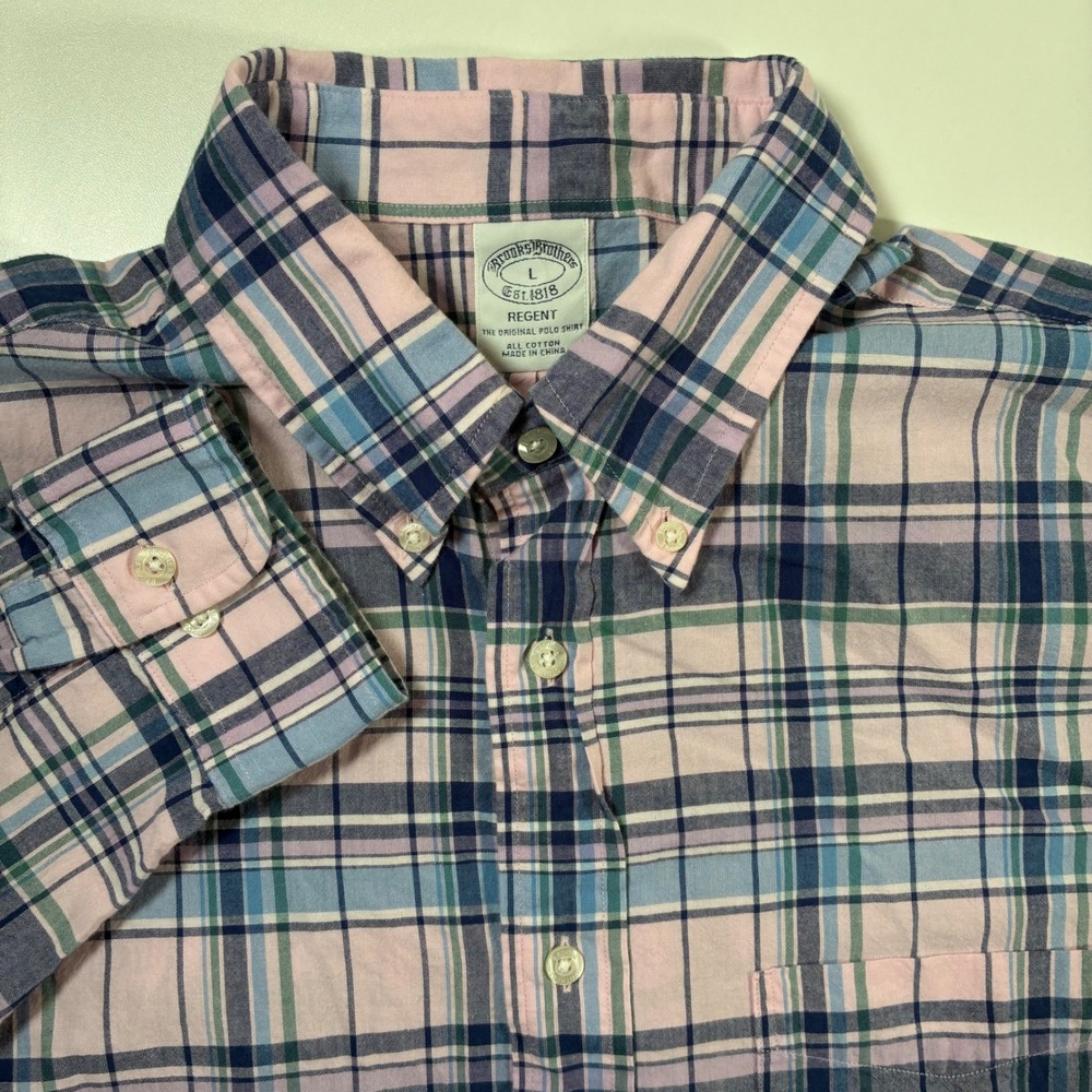 Brooks Brothers Button Shirt Large Pink Blue Plaid Regent Fit Oxford Lightweight